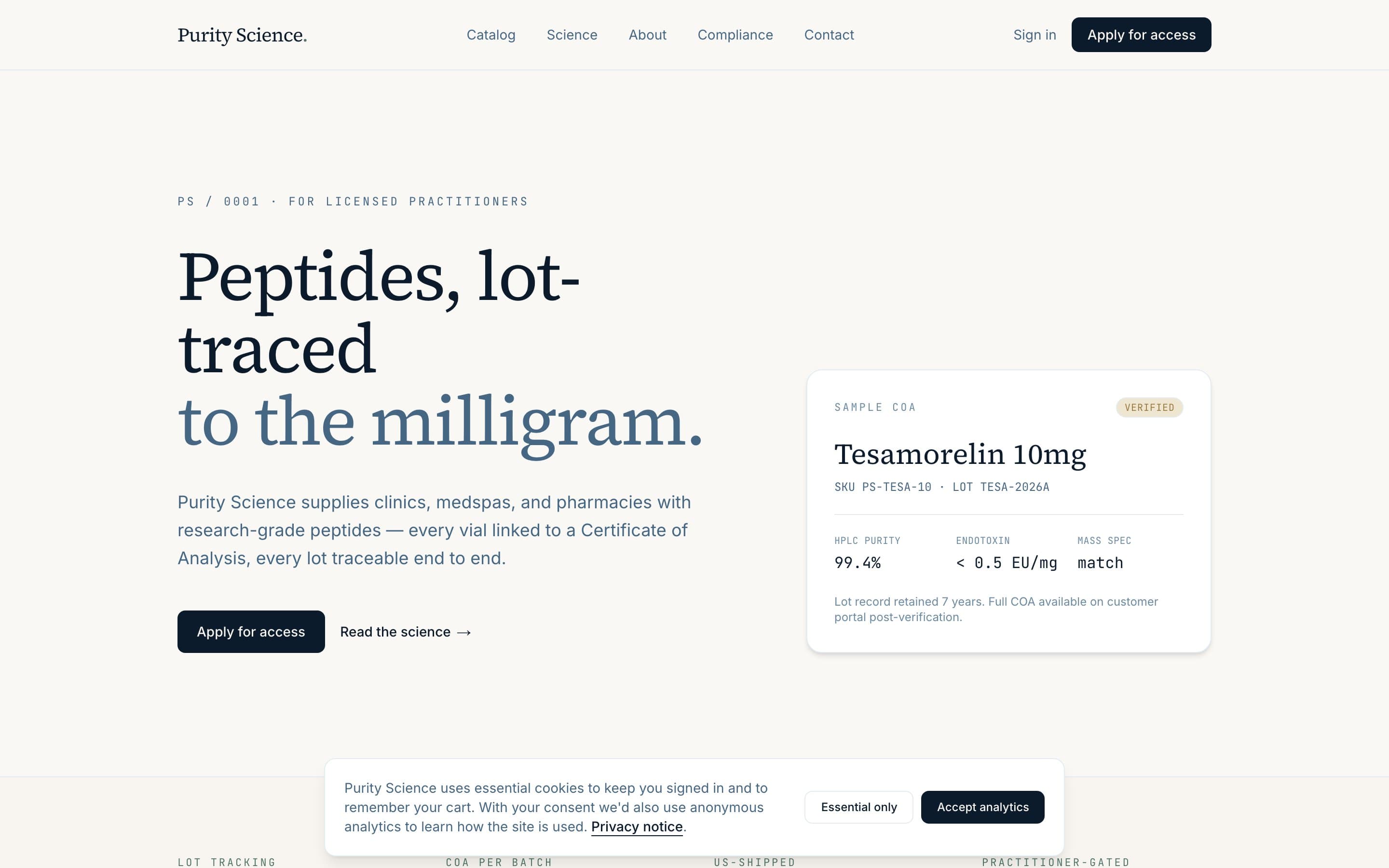 Purity Science — live homepage
